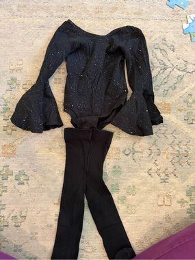 Black Bell-Sleeve Sparkle Bodysuit and Leggings Set